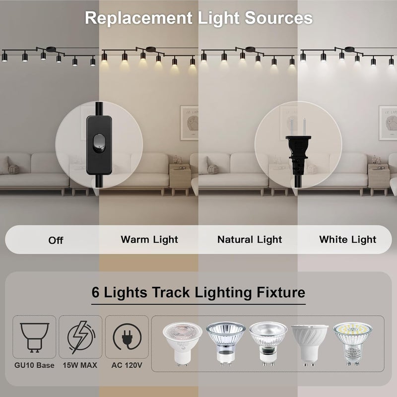 AUQUEE Plug in Track Lighting, LED Track Lighting Fixtures Ceiling, Black 6-Light Kitchen Light Kit, Plug in Wall Light with 14.8ft Power Cord, Rotatable Ceiling Spotlight for Bedroom(GU10 Socket, NO Bulb) - Image 3